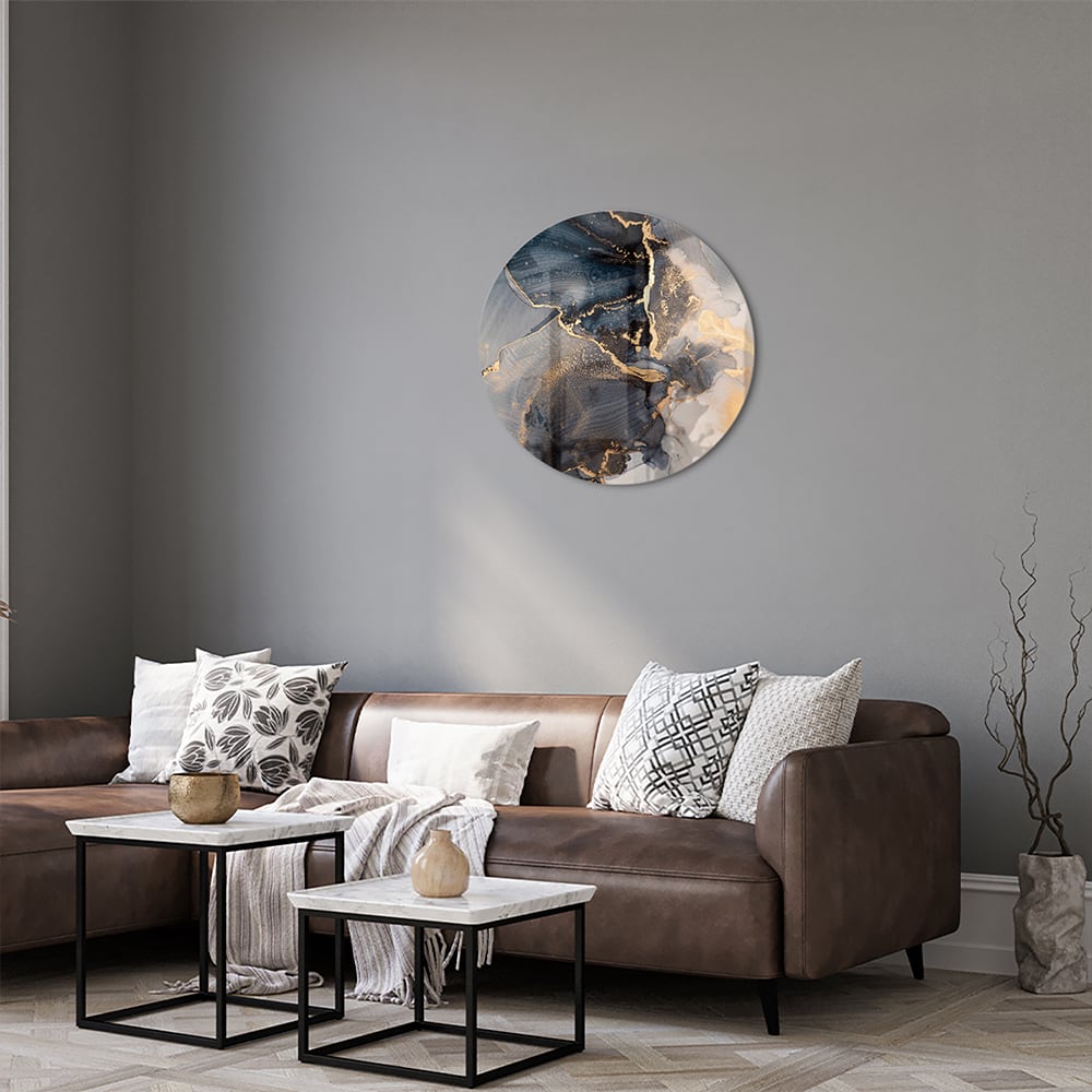 Elegant glazen schilderij met blauwe en gouden abstracte lagen