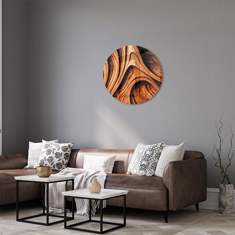 Glas schilderij met houtstrukturen in warme tinten, perfect voor wanddecoratie.