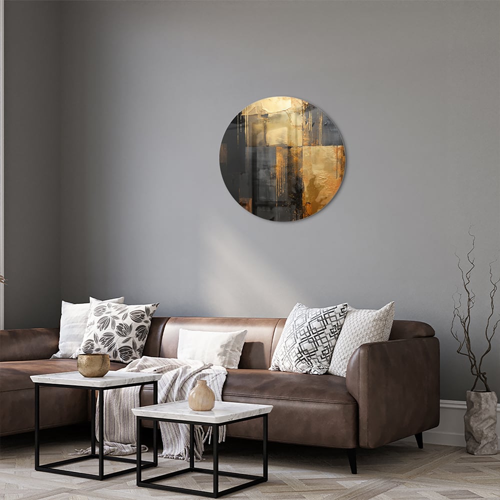 Abstract glazen schilderij in goud en zwart, perfect voor moderne interieurs.