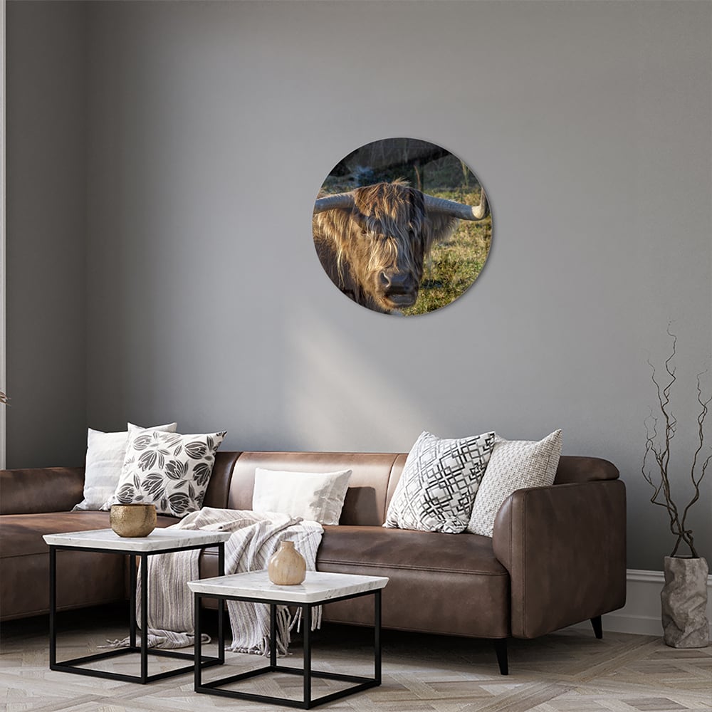 Glazen schilderij van een Highlander rund in een groene omgeving