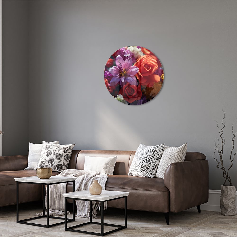 Kleurrijk glazen schilderij met een prachtige bloemencompositie.