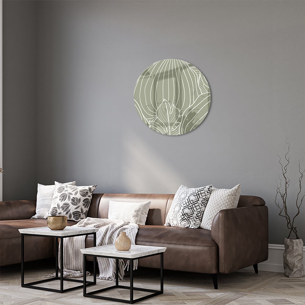 Glazen schilderij met lijnen in aardetinten aan de muur, stijlvolle woonkamer
