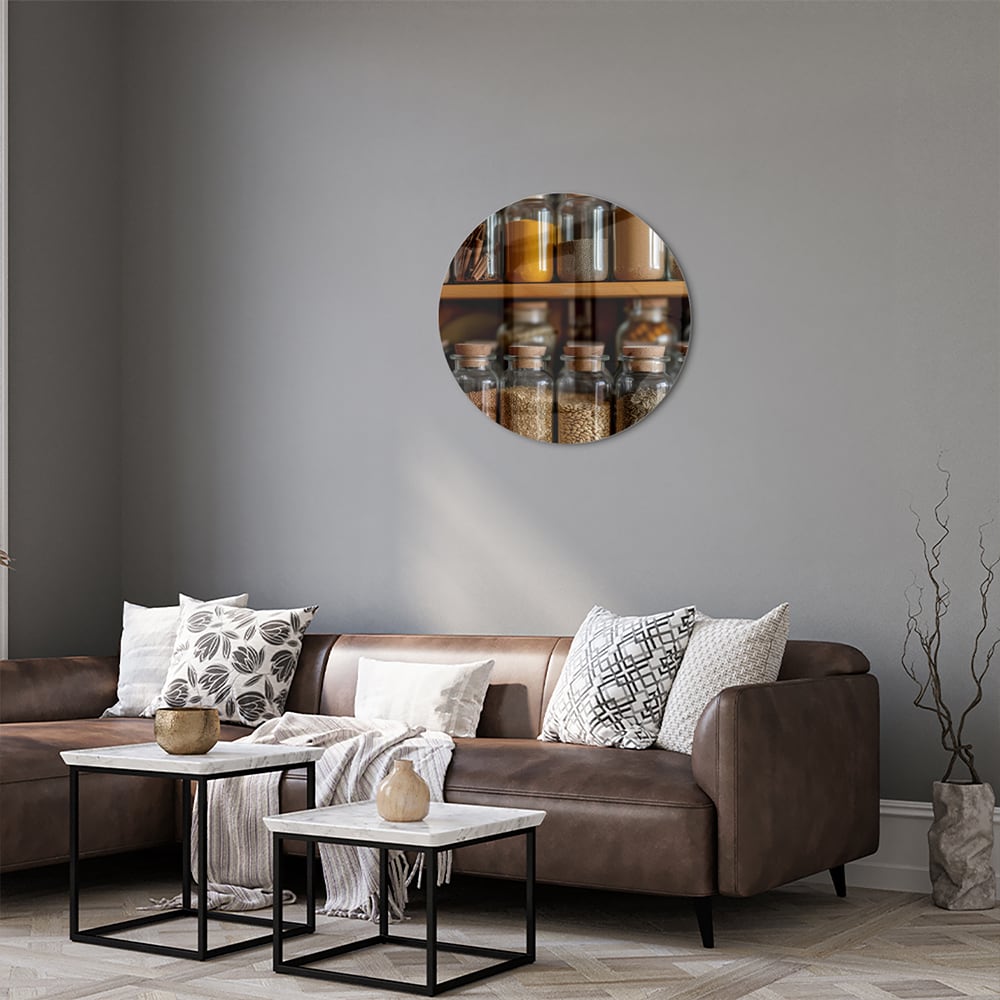 Glazen schilderij met een houten plank vol Mason jars gevuld met specerijen.