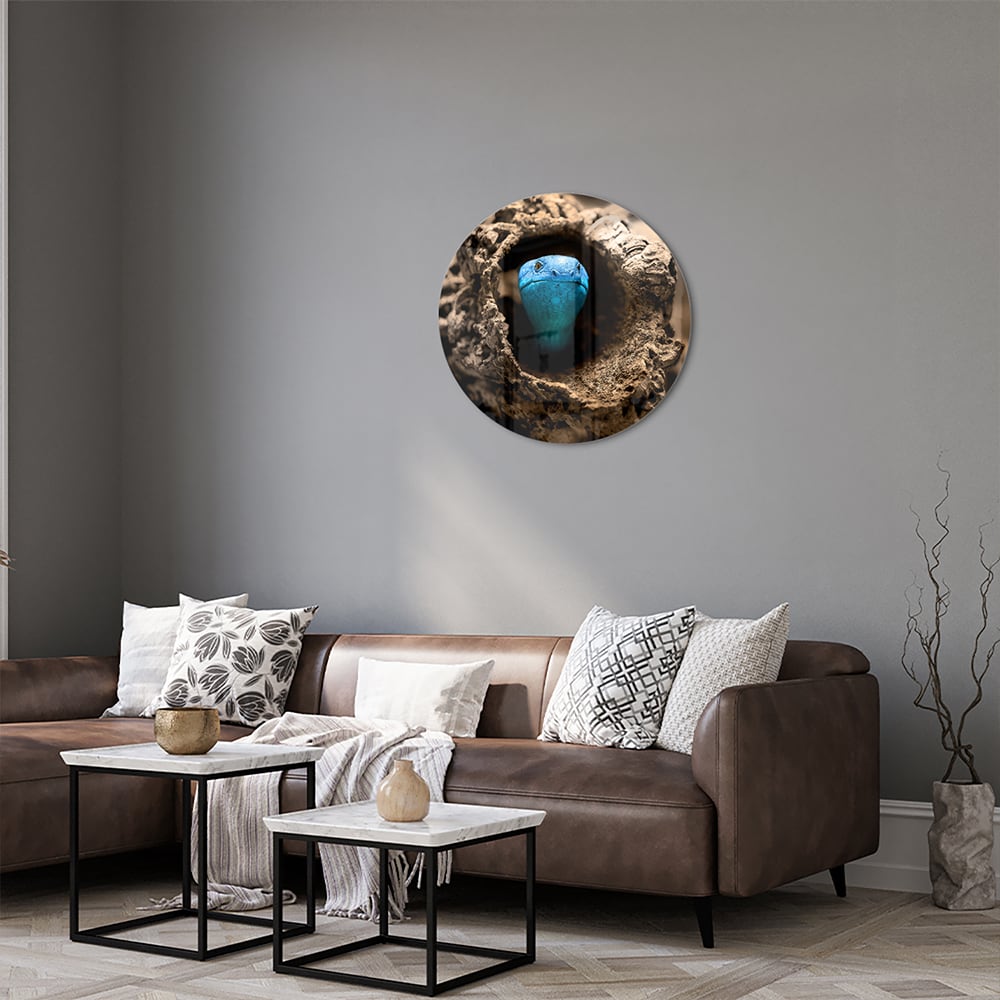 Glas schilderij met een blauwe parel in een nest, stijlvol en modern.