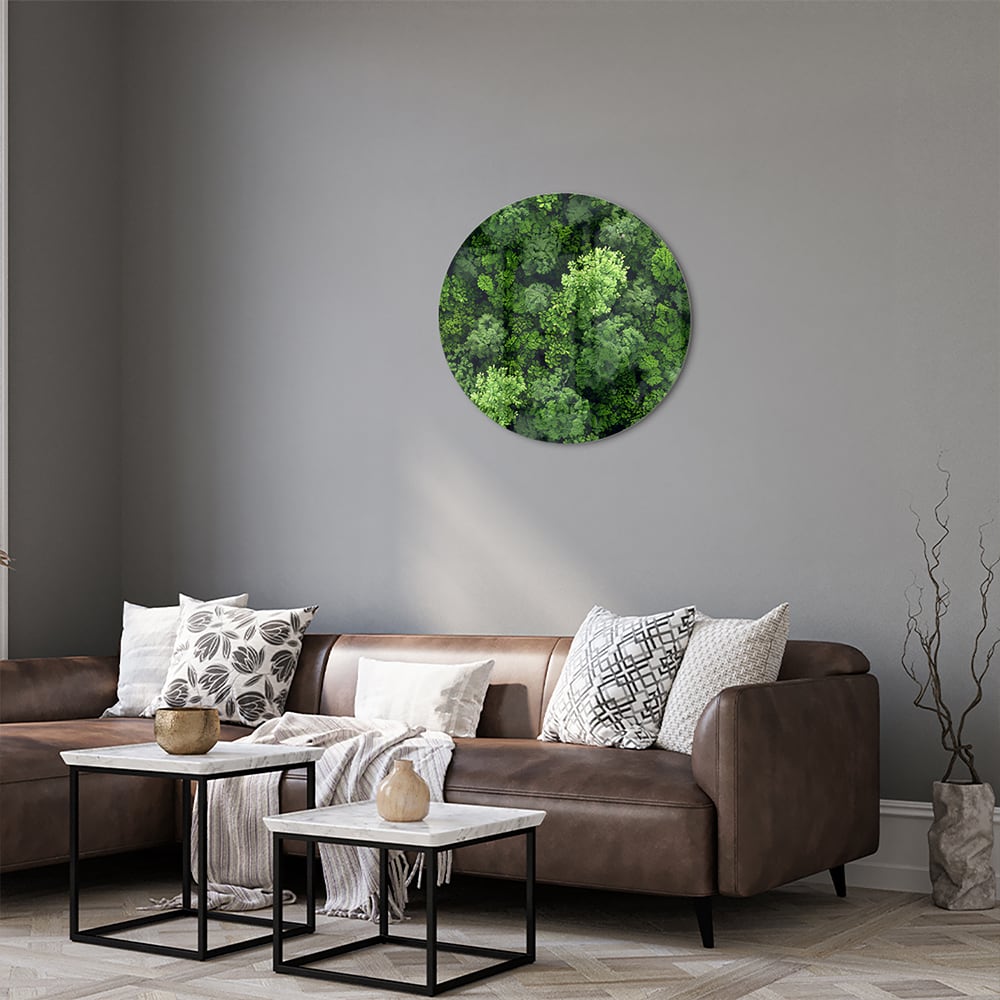 Luchtfoto van een weelderig groen bos op een muur in een moderne kamer.
