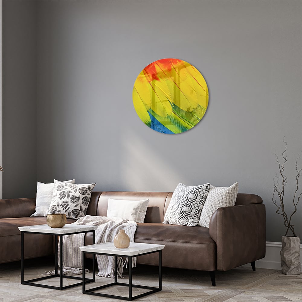 Abstract glazen schilderij met kleurrijke golven in rood, geel en blauw