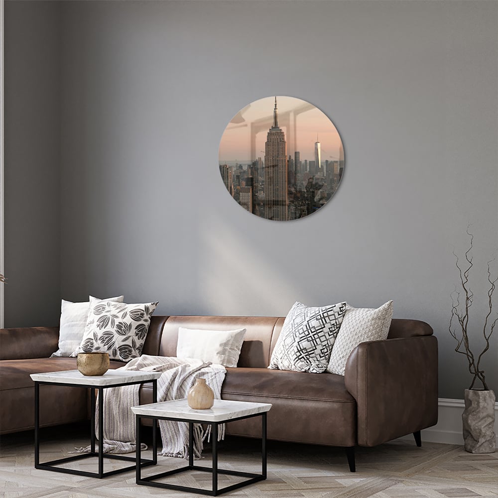 Glazen schilderij van de Empire State Building met een mooie zonsondergang