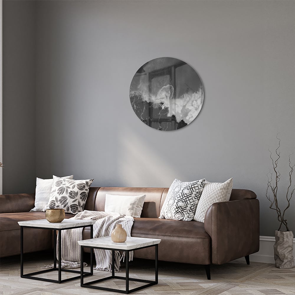 Abstract glazen schilderij in zwart-wit, perfect voor moderne interieurs.